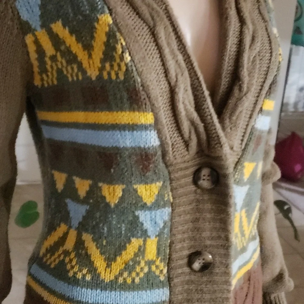 BKE Sweater Womens Large Green Brown Yellow Aztec Cardigan Button Up Buckle m - Picture 5 of 8
